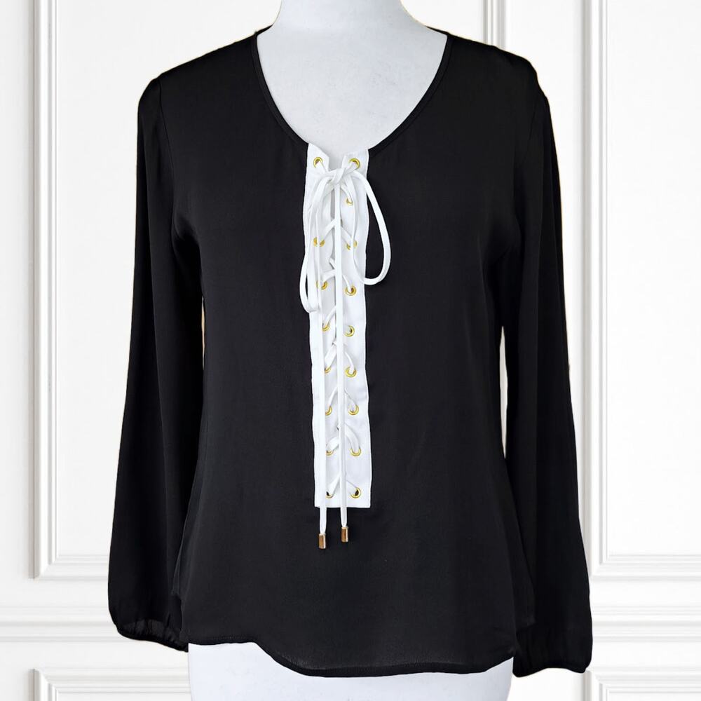 KARINA GRIMALDI Black Long Sleeve Lace Up Blouse XS Modern Workwear Top